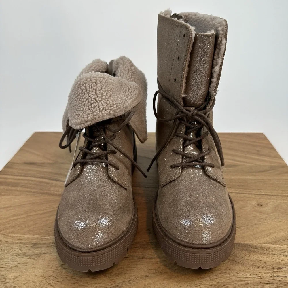 New Big Kids Steve Madden‎ Taupe GUNNER Ankle Combat Winter boot Fur Size 3